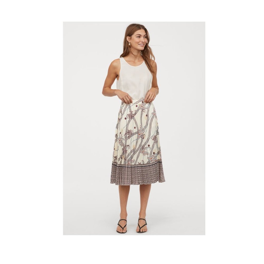 H&M Paisley Pleated Skirt Sz 14 Ivory oxblood